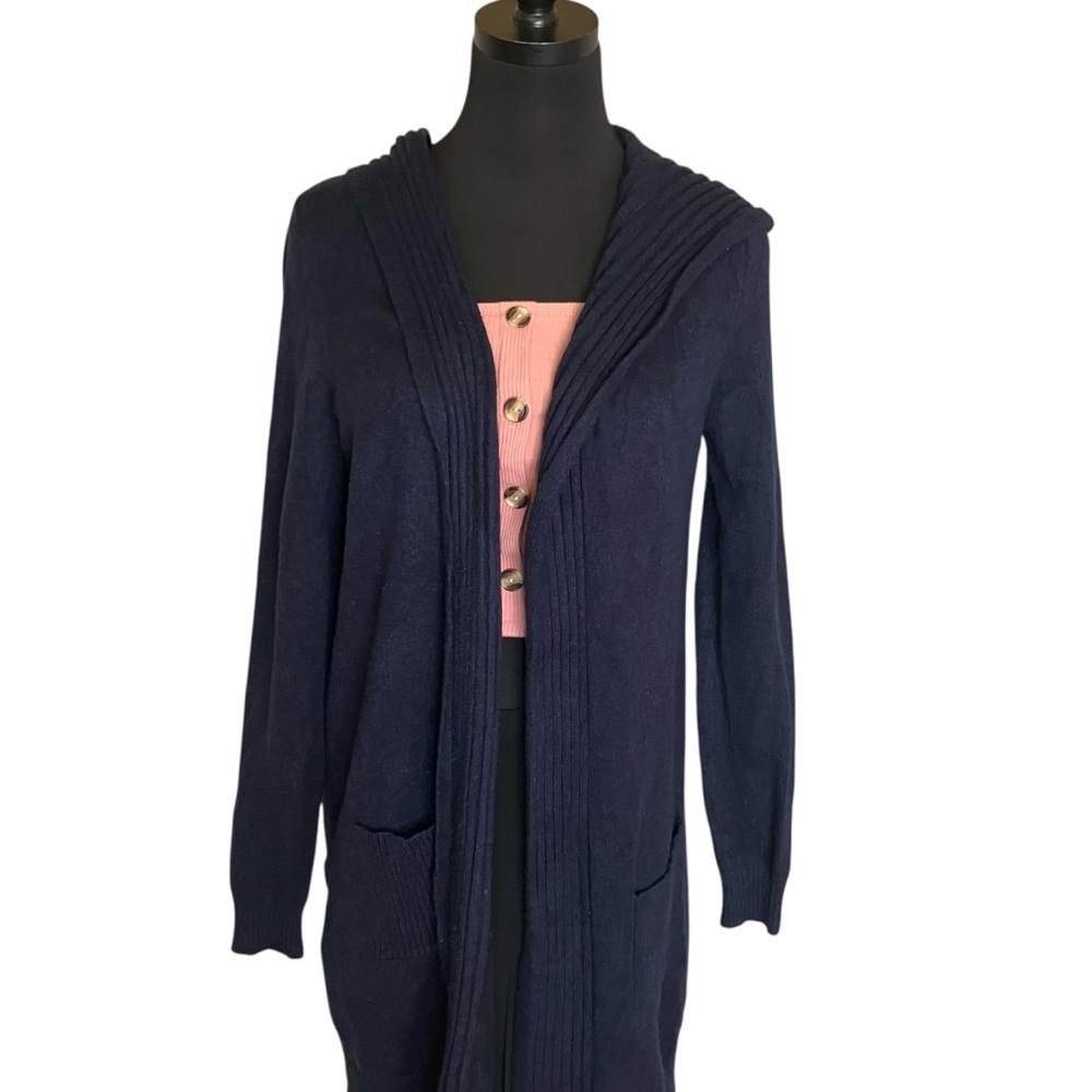 Verve Ami Knit Cardigan Long Navy Blue Hood and Front Pockets Size Medium - Picture 5 of 9